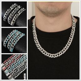 3 cores 13mm hiphop masculino cheio de diamante vermelho cubano link corrente colar pulseira caras bling curb gargantilha correntes miami rapper jóias f1803