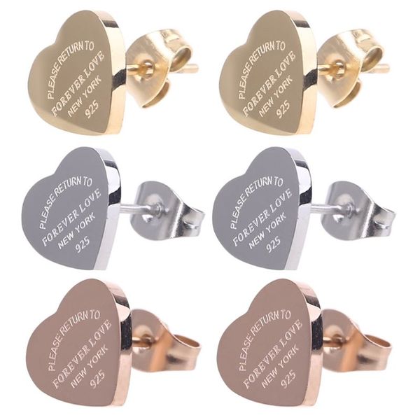 3 couleurs Style classique femmes amoureux coeur goujons luxe titane acier boucles d'oreilles Logo imprimé cadeaux de fête de mariage en gros