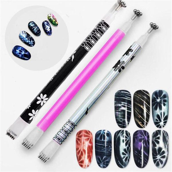 3 couleurs double tête chat oeil aimant stylo magie fleur image ligne effet bande forte magnétique stylo outil de maquillage des ongles