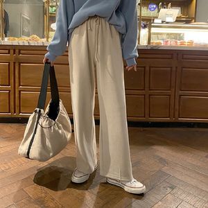 3 couleurs style coréen couleur solide pantalon large jambe femme décontractée taille haute élastique épais pantalon long femme (F4153) 210423