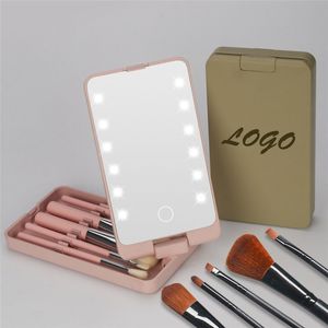 3 Kleuren LED Compact Mirror Opbergdoos met Make-up Borstel Set Draagbare Roterende Vouwen Schoonheid Cosmetica Mirrors Tools Aankomst 5 Stks