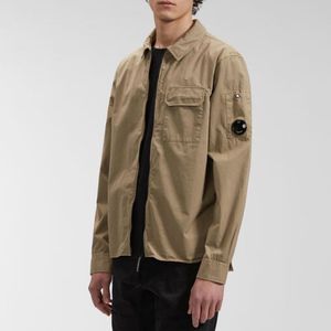 Lens logo men shirts casual male gabardine garment dyed utility shirt long sleeve zipper shirts