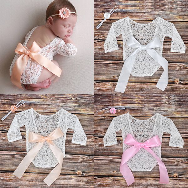 3 colores Accesorios de fotografía para recién nacidos monos Baby Girl Lace Bowknot Romper Ropa de sesión infantil Accesorios para fotos con bandas para la cabeza de flores M1204