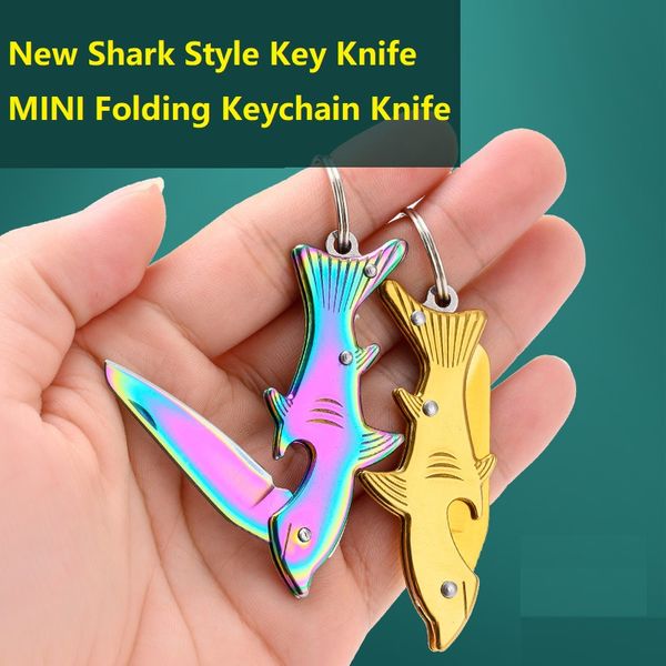 3 colores Shark Style Key Knife Mini cuchillo plegable Llavero Cuchillos Cuchillos de caza para acampar al aire libre Mujer Hombre Bolsa Colgante Herramienta EDC Hoja de senderismo