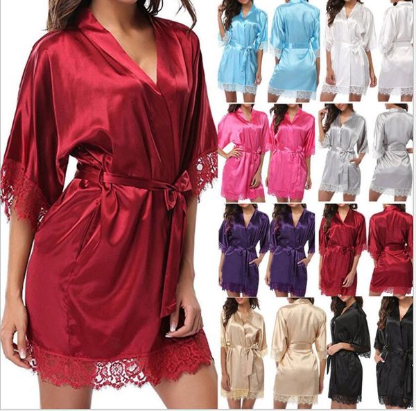 3 colores Vestido corto de satén para mujer Camisón Cinturón suave Lencería Bata de baño Albornoz Pijama Camisón Señora Sexy con cordones Ropa de dormir sólida