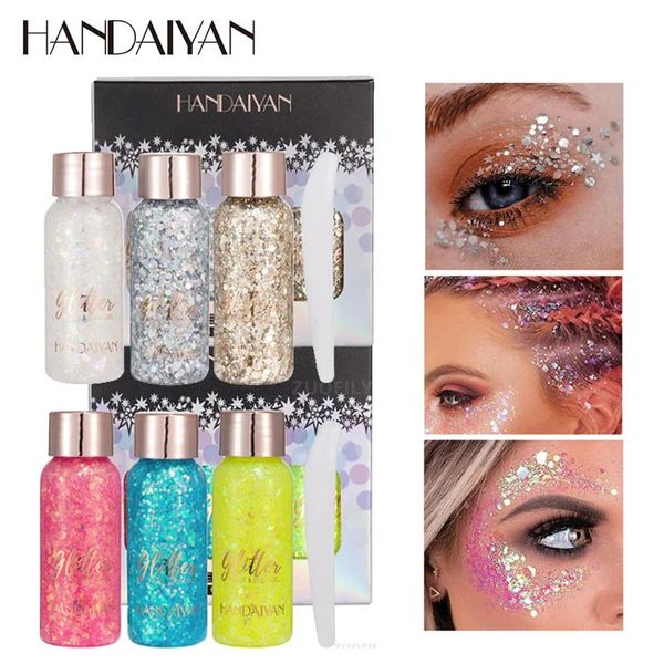 3 Colorsset Multifuncional Eye Glitter Cream Nail Hair Body Face Glitter Gel Flash Lentejuelas sueltas Crema Festival Glitter Deco 240229