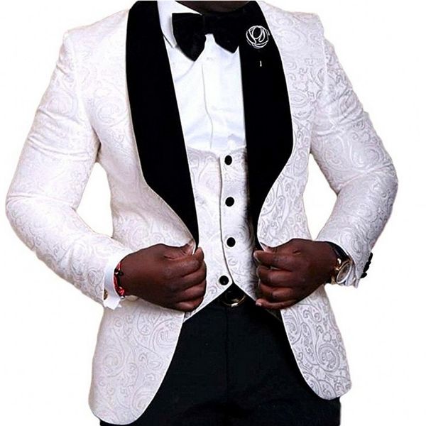 Recién llegado, trajes de hombre, patrón blanco/rojo/negro, esmoquin para novio, chal, solapa de terciopelo, padrinos de boda, padrino de boda (chaqueta + pantalones + chaleco + corbata) L491