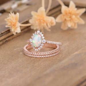 3 Fashion 14K Rose Gold Natural White Opal Rings Diamond Halo Eternity Jewelry Lady Bride Engagement Wedding Ring Set Size 5-12