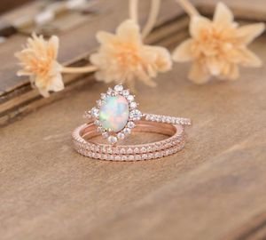 3 mode 14K rose goud natuurlijke witte opaalringen diamant halo eeuwigheid sieraden dame bruid verloving trouwring set maat 5127185131