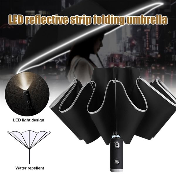 Paraguas automático de marcha atrás de 3 pliegues, sombrilla de lluvia clara para mujer, tira reflectante de luz LED, plegable Sunny DTT 210721