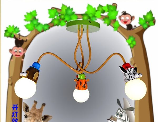 3 tête E27 dessin animé chambre d'enfants lustre chambre lumières mignon singe zèbre lampes créatives