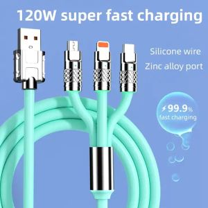 3-in-1 120 W 6 A Superschnelllade-USB-Kabel, geeignet für iPhone, Android und Typ-C-Ladeschnittstellen.