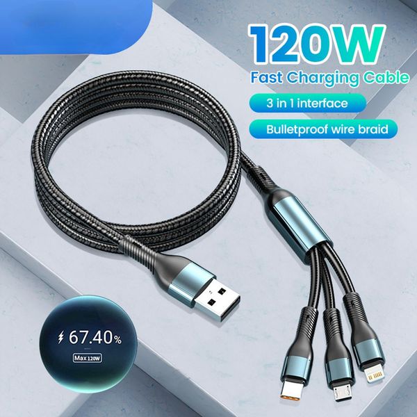 3 en 1 120W Câble de charge rapide pour iPhone 14 13 12 Cordon de chargeur universel Type C / Micro / pour Huawei Xiaomi Samsung Galaxy USB-C Câble de données 1.2M / 2M