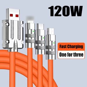Cable de carga súper rápido 3 en 1 de 120 W Transmisión de alta velocidad Cables grandes y rápidos para línea de cargador Micro Type-C iOS 1.2M para iPhone Android en caja minorista