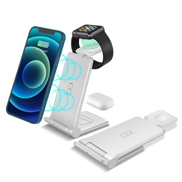 Support de chargeur sans fil pliable 3 en 1 15W pour iPhone 13 12 11 Pro max XS XR X 8 Apple Watch 7 6 SE 5 Qi station de charge rapide adapté aux Airpods iWatch Samsung S20 Huawei smartphone