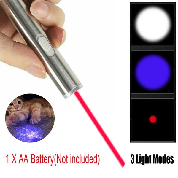 Bolígrafo de PUNTERO LÁSER ROJO LED 3 en 1 de 650nm, luz UV, haz único, Mini AA, juguetes para mascotas, mini linterna (no incluye batería)