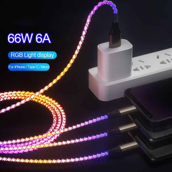 3 en 1 66W 6A RGB lumière Type C câble USB câble d'éclairage câble de téléphone de charge rapide pour Iphone Xiaomi Samsung cordon de charge de voiture