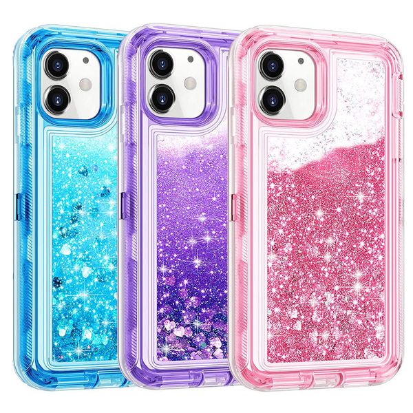 Funda líquida 3 en 1 Bling Sparkle que fluye arenas movedizas para iPhone 15 14 13 12 11 pro max, funda de teléfono transparente a prueba de golpes, cristal de TPU