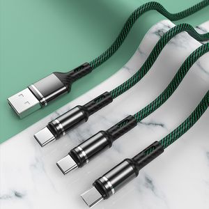 3 in 1 gevlochten 3A Multi USB Snelle oplaadkabels Micro V8 Type C-kabel Phones Charger voor Xiaomi Samsung Android Charger Cord Mobile mobiele telefoon Google LG Type-C