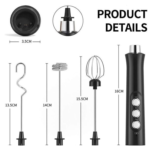 Espumador de leche eléctrico 3 en 1, fabricante de espuma recargable portátil, espumador de mano, mezclador de bebidas de alta velocidad, batidor de huevos para espumar café