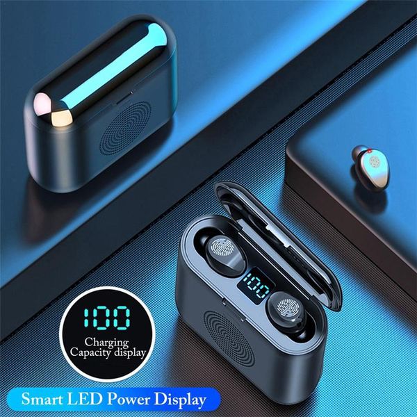 3 en 1 F9 TWS Mini Bluetooth 5.0 Écouteur Smart Touching Casque intra-auriculaire Casque sans fil 9D Surround Speaker avec affichage à LED powerbank