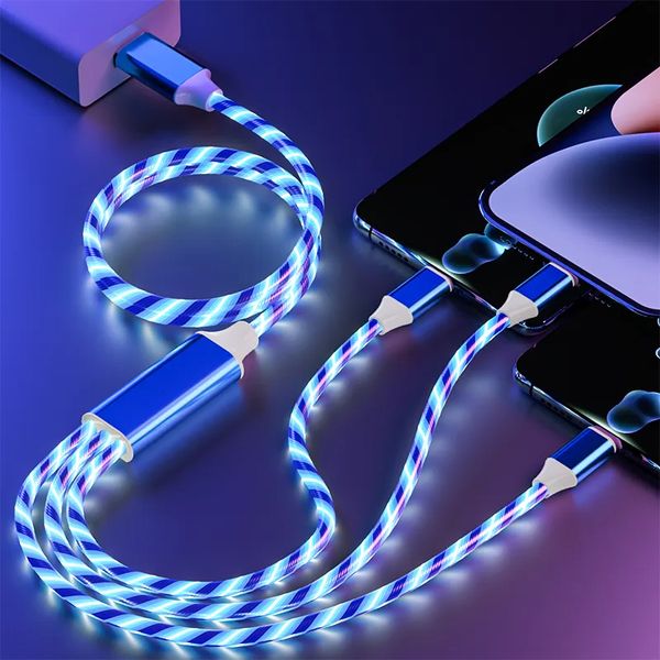 3 en 1 Carga rápida LED Luz que fluye Cable micro USB 2A Tipo C Cables de carga del teléfono Cable del cargador 1.2m