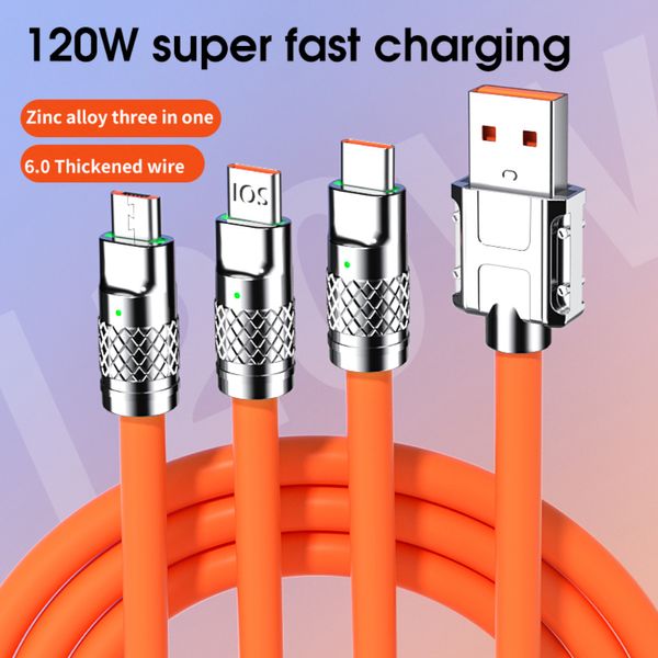 3 en 1 câble de charge rapide 6A 120W métal Silicone liquide type C câble de chargeur de données Micro USB ligne 1.2M pour iPhone Android