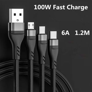 3 op 1 snel oplaadkabels 6a 100W Type C USBC USB-C Micro Cable Chargers Noord 1,2 m voor smartphone