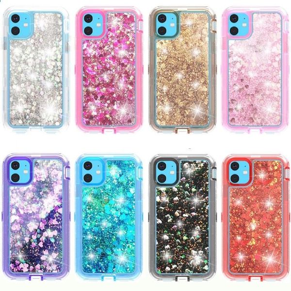 3 en 1 Glitter Liquid Quicksand Cases Bling Crystal Robot Defender Couverture pour iphone 12 11 Pro XS Max XR X 8 S20 S10Lite Plus