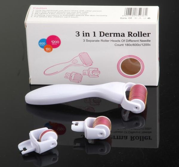 Kit 3 en 1 Derma Roller Titanium Micro Needle Roller 180/600/1200 Aiguilles Skin Dermaroller pour le corps et le visage