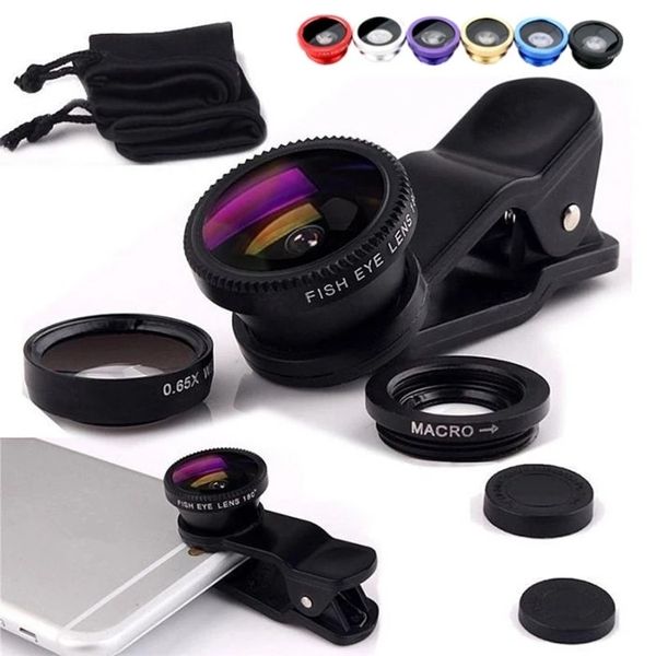 Objectif Fisheye 3 en 1, Clip métallique, Micro grand Angle universel pour iPhone Huawei Samsung Xiaomi