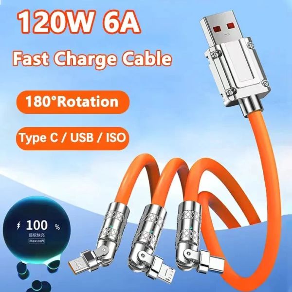 3 en 1 Cable de cargador de silicona líquido 120W 6A Cargo de carga de Zinc de carga de Zinc de carga rápida Micro USB USB