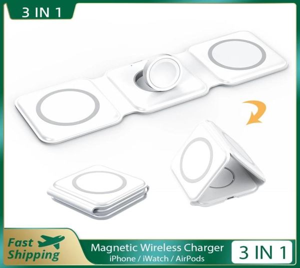 3 en 1 Magnetic Fold Wireless Charger Stand Estación de carga inalámbrica rápida para iPhone 13 12 11 Pro Max Apple Watch AirPods Samsung5802375