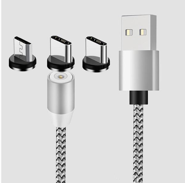 3 en 1 Cables magnéticos para teléfono Cargador 2A Cable de carga rápida de nylon Tipo C Cable micro USB para teléfono inteligente Samsung