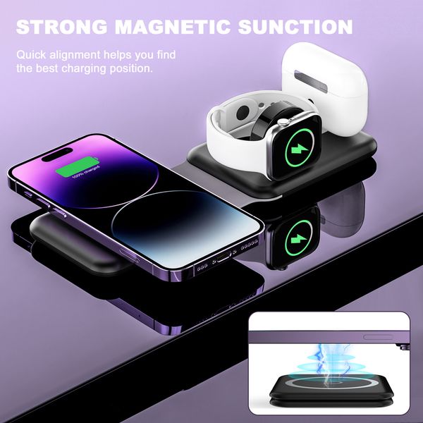 3 en 1 Magnetic Wireless Charger Pad Stand para iPhone 14 13 12 Pro Max Samsung Qi Estación de muelle de carga rápida para Apple Watch Ultra 8 7 AirPods