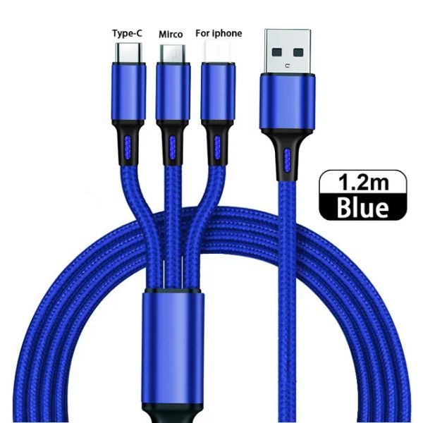 Câbles de chargeur Micro USB Type C 3 en 1 Port USB multiple Cordon de charge multiple Fil de téléphone portable Usbc pour Samsung S10 S20 S22 10pc / lot