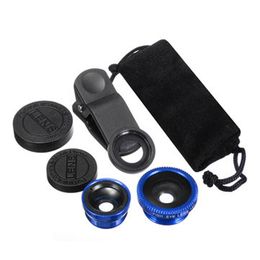 3 in 1 Mobiele Telefoon Camera Lens Kit 180 graden Fish Eye Lens + 2 in 1 Micro Lens + Wide Angle Lens Blue