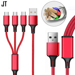 3 In 1 nylon gevlochten multi USB snellaadkabels Micro Type C kabeltelefoons oplader Samsung Android Charger Cord mobiele mobiele telefoon JTD