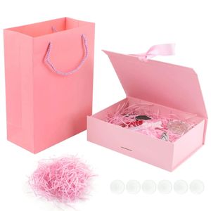 Coffret cadeau rose 3 en 1 pliable avec couvercle, sac en raphia, fournitures de fête, emballage d'anniversaire, saint-valentin, 240113