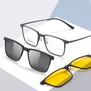 3 en 1 pur rim carré masculin carré de lunettes avec clip polarisé sur des lunettes de soleil et vision nocturne féminine les lunettes 93006 240418