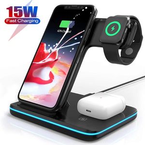 3 in 1 Qi Draadloze oplader Stand voor Apple Watch 6 5 4 Airpods Pro 15W Fast Charging Dock Station voor iPhone 12 11 Pro Samsung S10-telefoons
