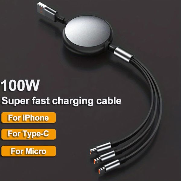 3 en 1 cable de datos de carga rápida de 100W retráctil Tipo C/Micro para Sumsung Xiaomi 13 Huawei iPhone 14 Teléfono Cable USB 1.2m con caja minorista