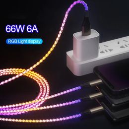 Cable de carga rápida 3 en 1 con luz RGB, Cable tipo C de 66W, 6A, Micro USB C, Cable cargador de teléfono rápido para Xiaomi, Samsung, S24 y LG