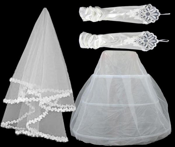 3 en 1 ensemble nouvelle robe de mariée dentelle voile de mariée en stock gants de gaze de satin extensible jupon trois pièces accessoires de mariée 1282254