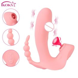 3 IN 1 Zuigen Vibrator Tong Likken Vagina Anale Clitoris Stimulator sexy Speelgoed voor Vrouwen Rotatie Kralen Wearable Dildo