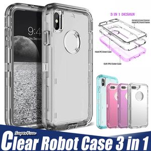 3 en 1 Transparent Robot Téléphone étuis pour iphone 14 Plus 13 12 11 Pro XS MAX Note 20 Ultra S20 Clair Antichoc Couverture