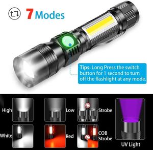 3 In 1 UV Flashlight lighting Rechargeable Tactical with Pocket LED Light 7 Modes Waterproof for Camping