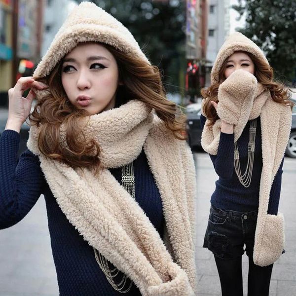 3 en 1 femmes automne hiver chaud en peluche capuche écharpe Snood épaissir mode confortable mignon chapeaux gants 240125