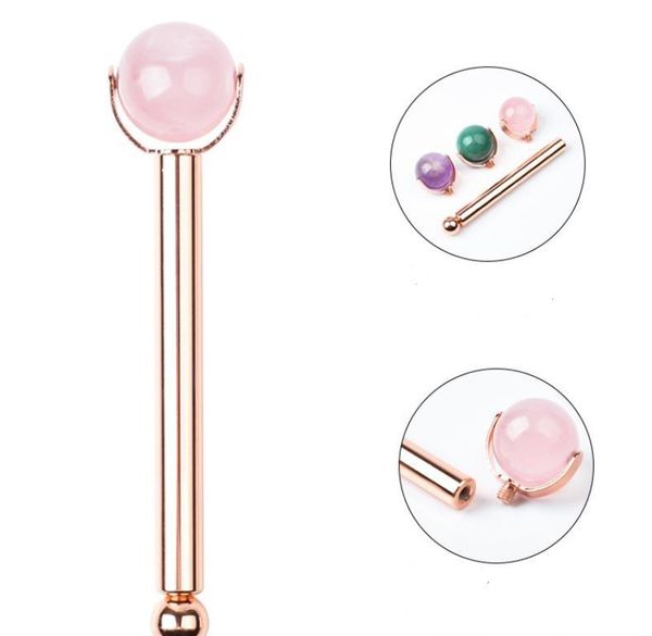 Rouleau de Jade anti-âge 3 en 1, manche en métal, tête de remplacement amovible, rouleau de Massage du visage en Quartz Rose ZZ