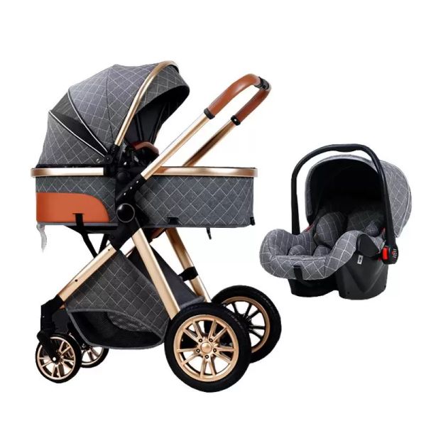 3 en 1Royal Luxe En Cuir En Aluminium Cadre Haute Paysage Pliant Kinderwagen Landau avec Cadeaux Landau Bébé Poussette